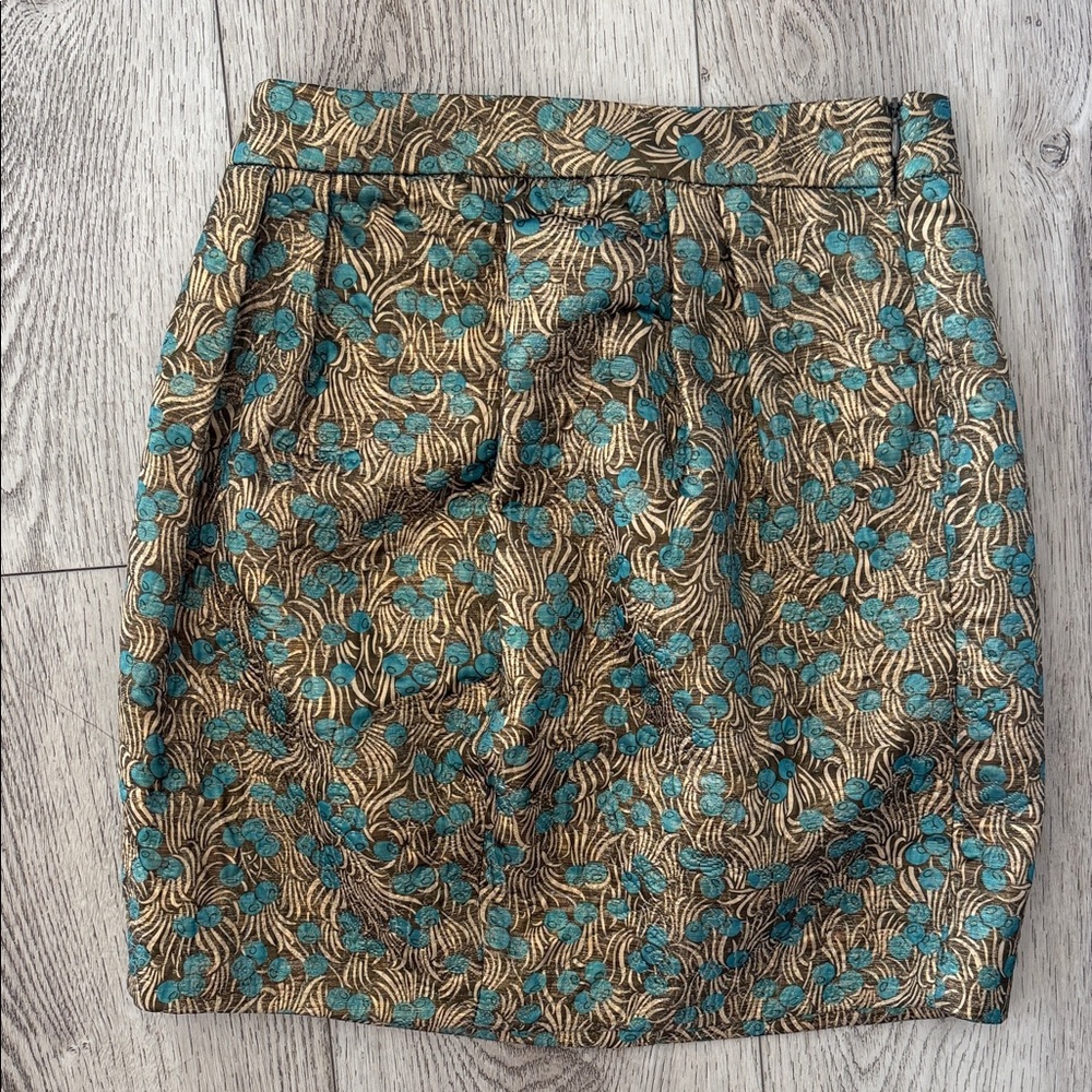 Cynthia Rowley Gold Brocade Mini Skirt with Teal Floral Accents - Picture 3 of 4